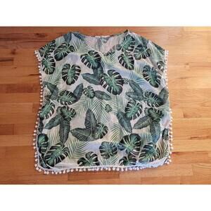 IN'VOLAND Swim Cover Up Womens 16W Green Tropical Leaf Sheer Pom Pom Plus Size